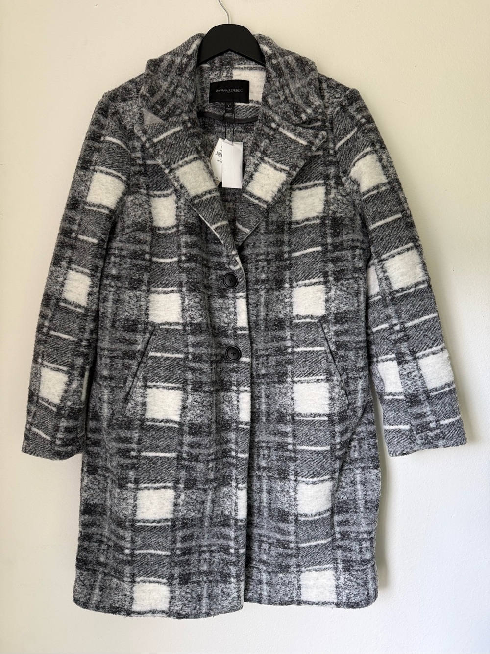NWT Banana Republic Factory Plaid Knit Topcoat – Black & White Petite Large